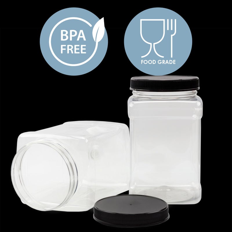 Cornucopia Brands 48oz Square Plastic Jars (3-Pack); Clear Rectangular 6-Cup Canisters w/Black Lids, Easy-Grip Side - Image 5